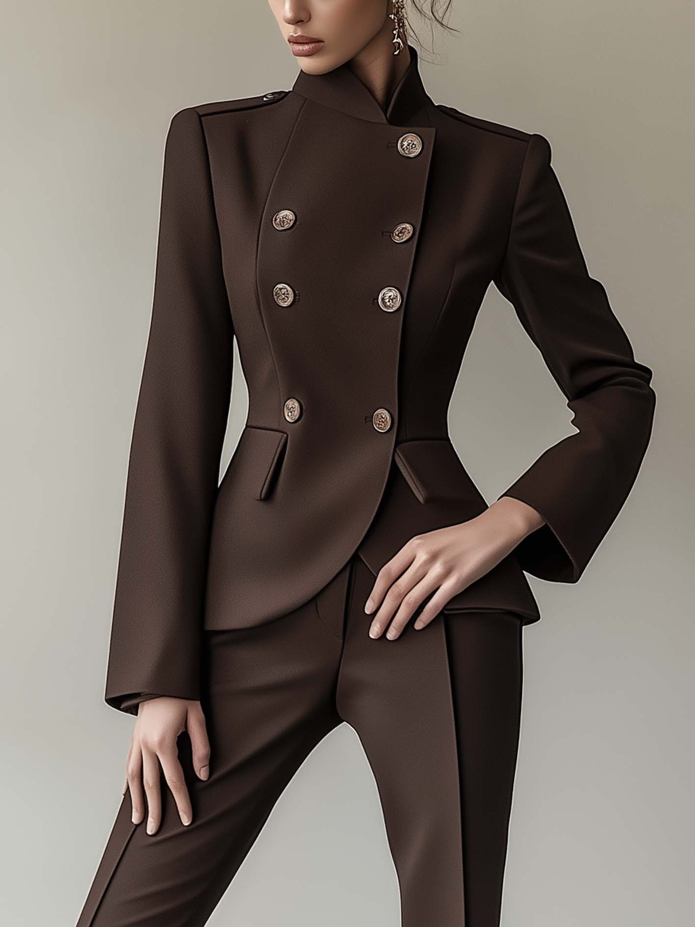 Dark Brown Blazer With Curved Placket And Buttons