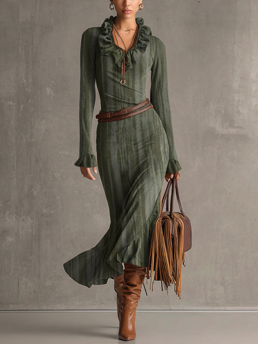 Vintage Green Suede Look Belted Long Sleeve Maxi Dress