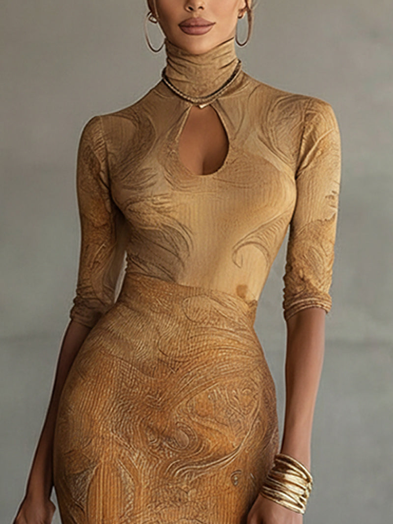 Brown High-Neck Mermaid Maxi Dress