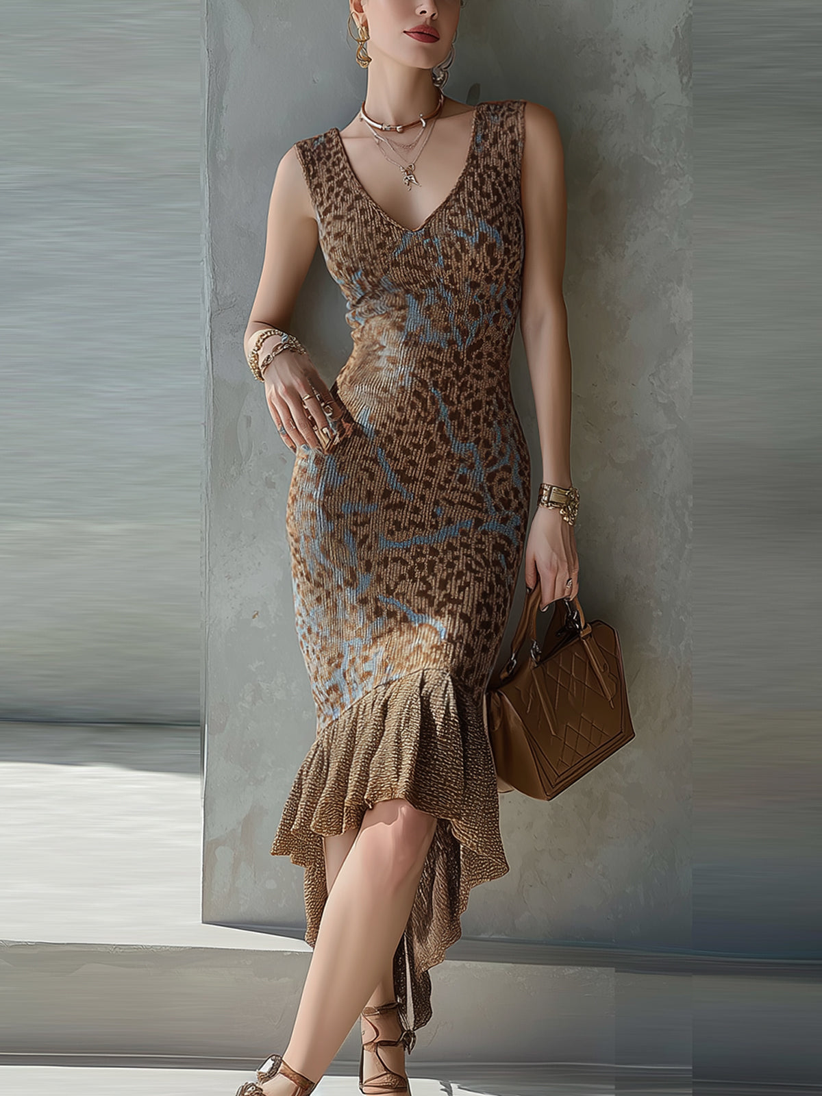 Bronze Leopard Print Knit Ruffled Hem V-Neck Bodycon Dress