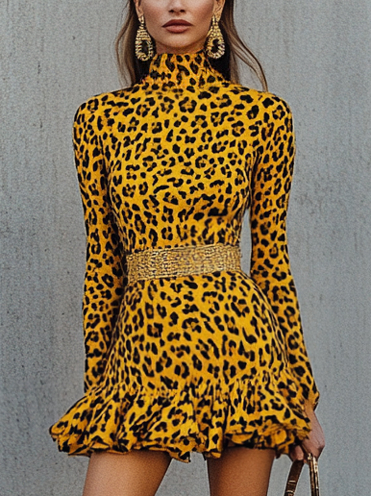 Yellow Leopard Print Shimmer Belt High Neck Long Sleeve Mini Dress
