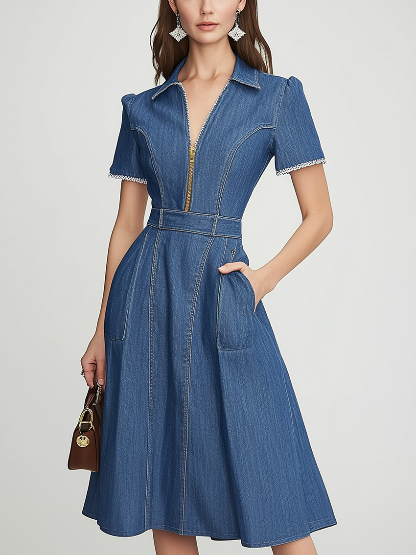 A -Shape Of The Denim Midi Dress With Zipper