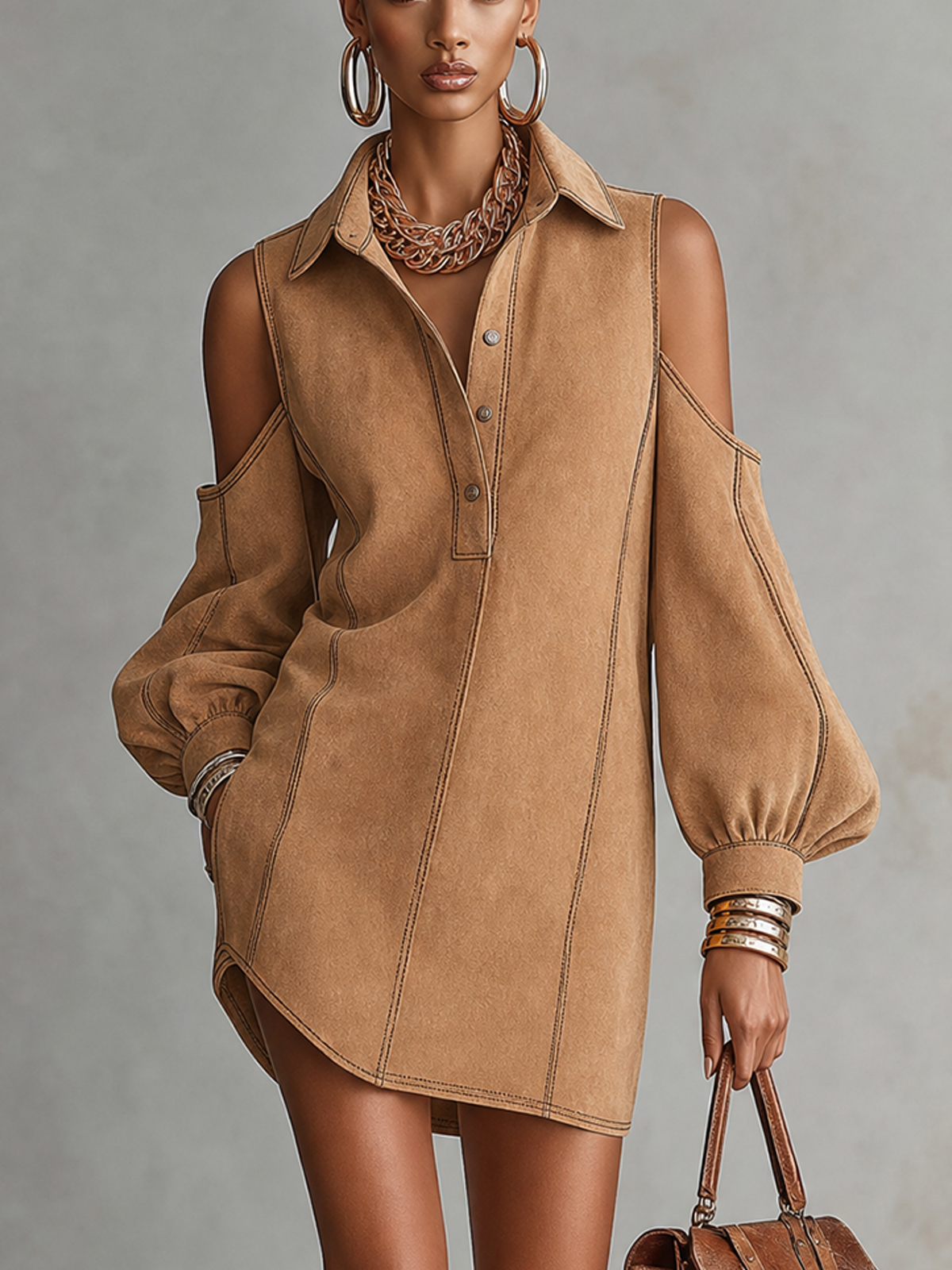 Camel Suede Collared Cold Shoulder Balloon Sleeve Mini Shirt Dress