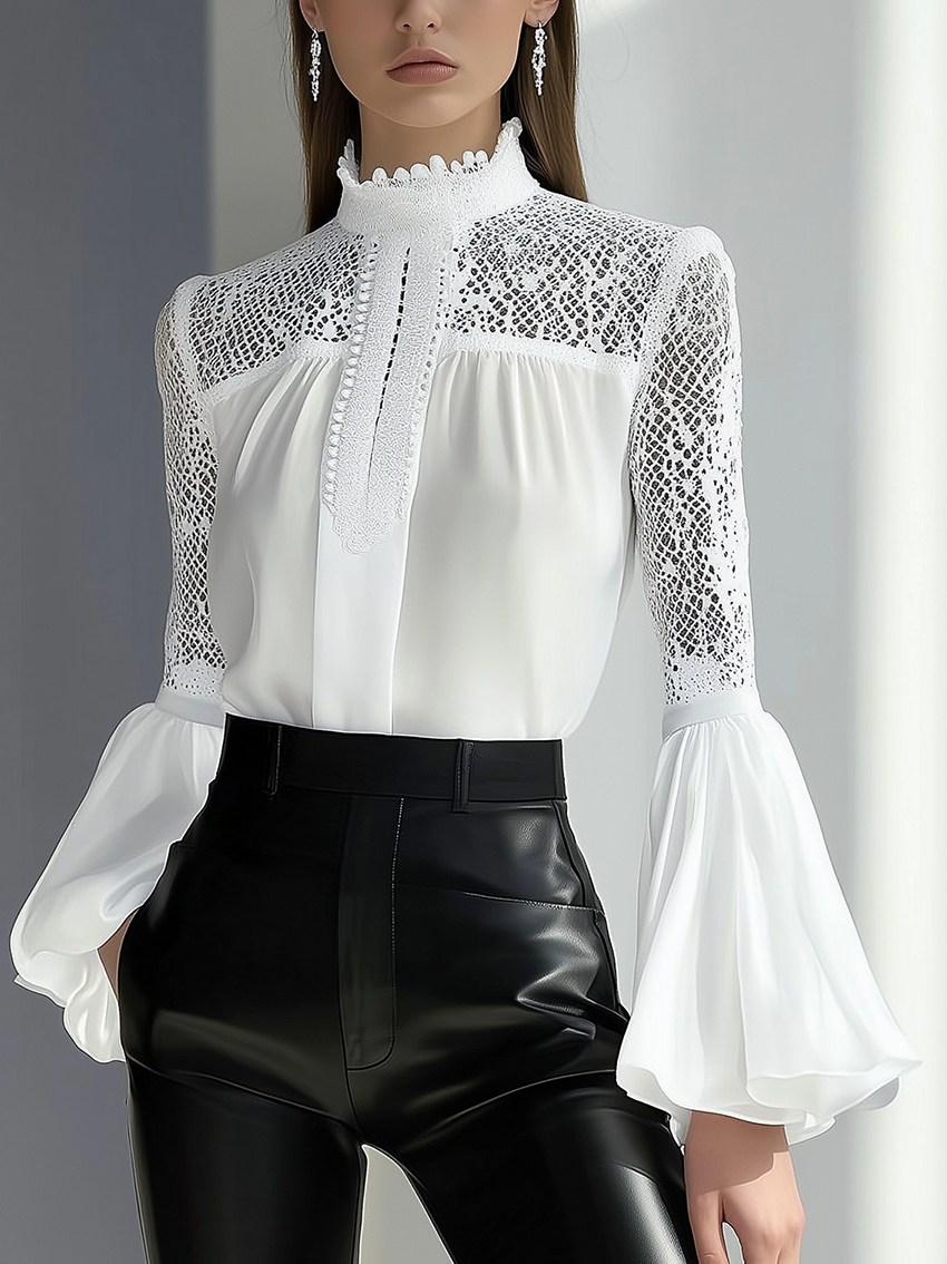 High Collar Stitching Mesh White Chiffon Shirt