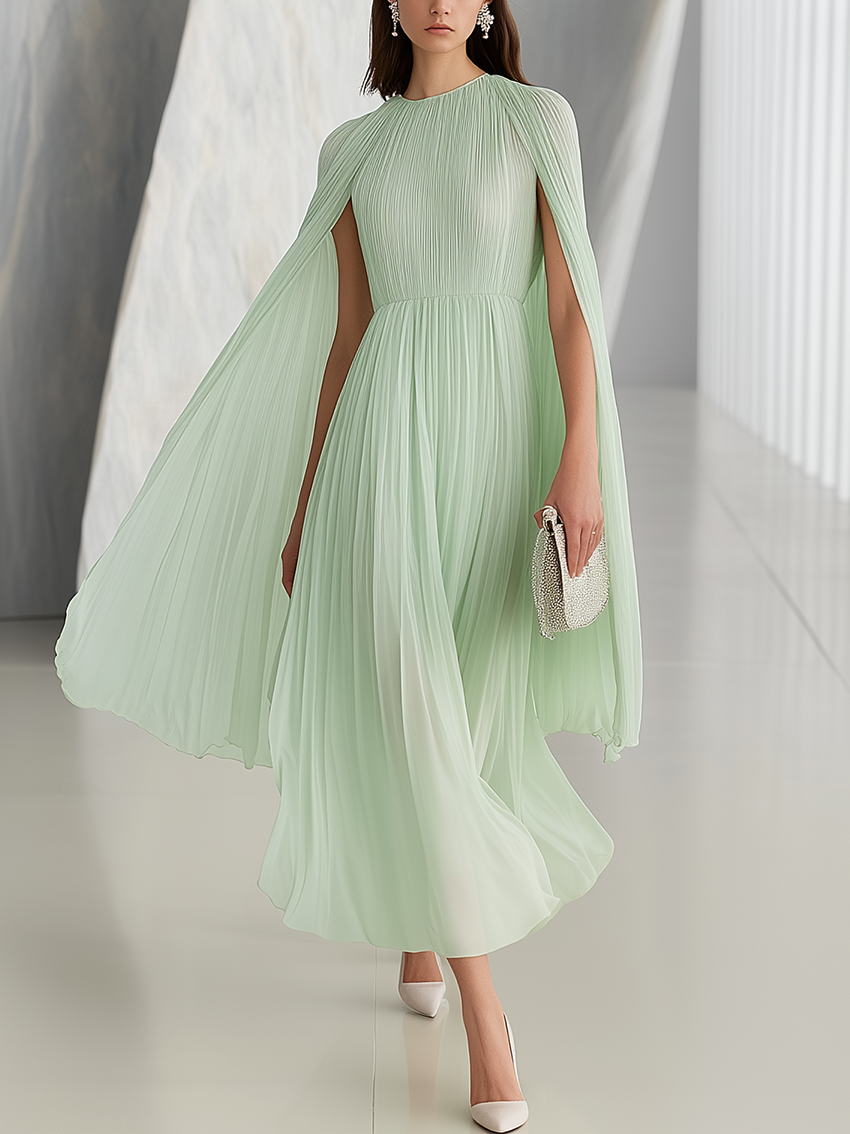 Mint Green Chiffon Midi Dress With Cape