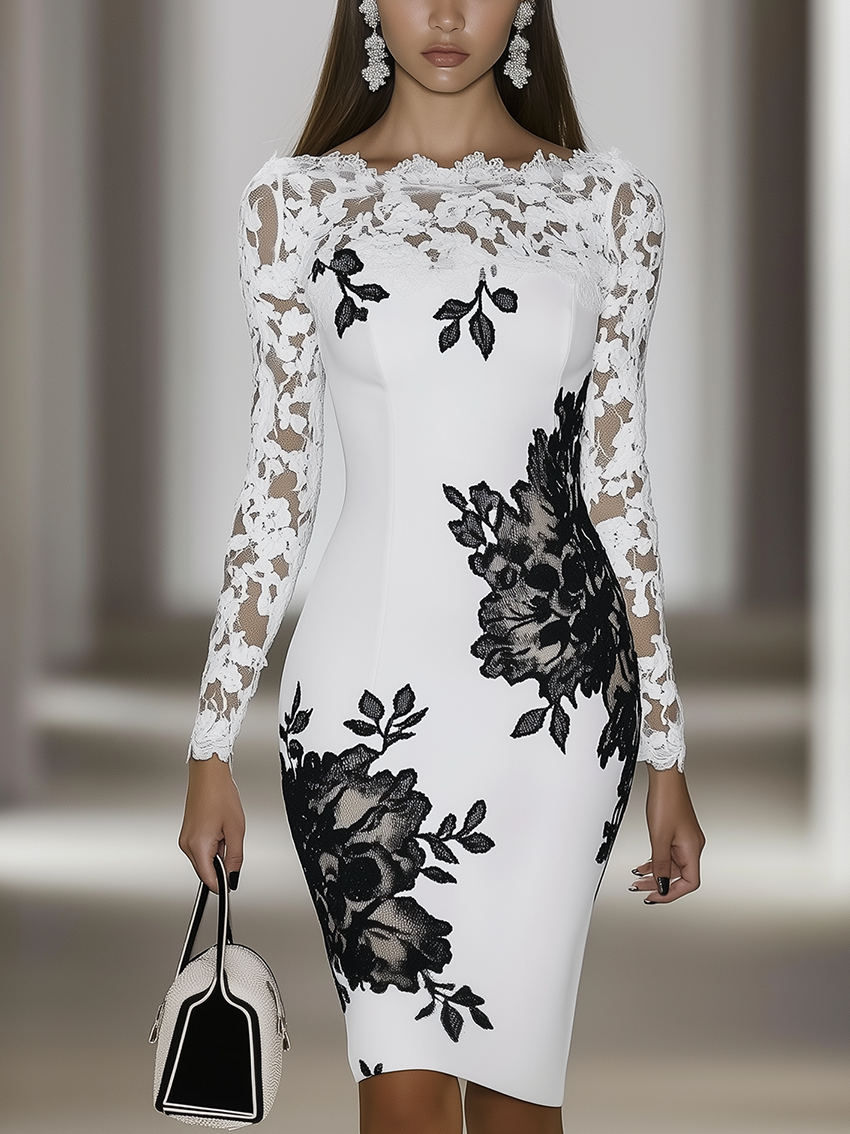 White Midi Bodycon Dress With Black Flower Print And Lace Sleeves