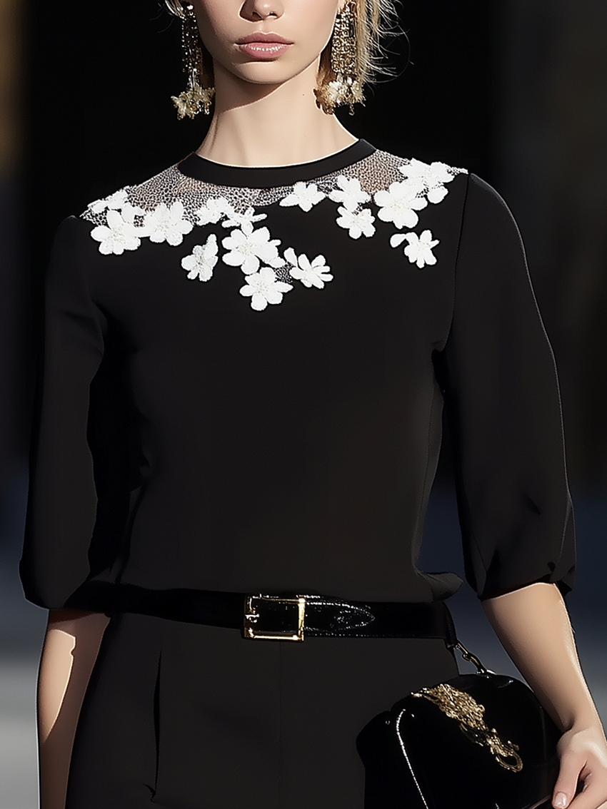 Black Shirt With White Gauze And Flowers At The Neckline