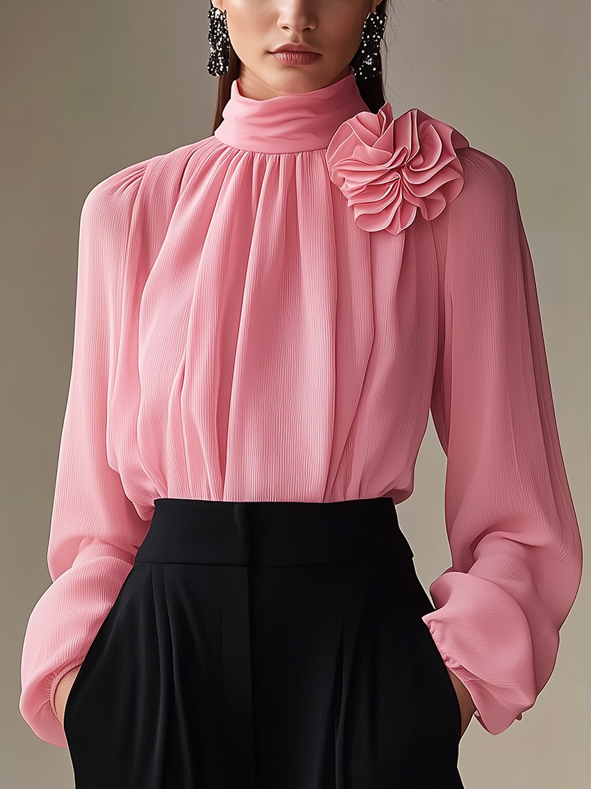 High Collar Pink Shirt With 3D Flower Decor