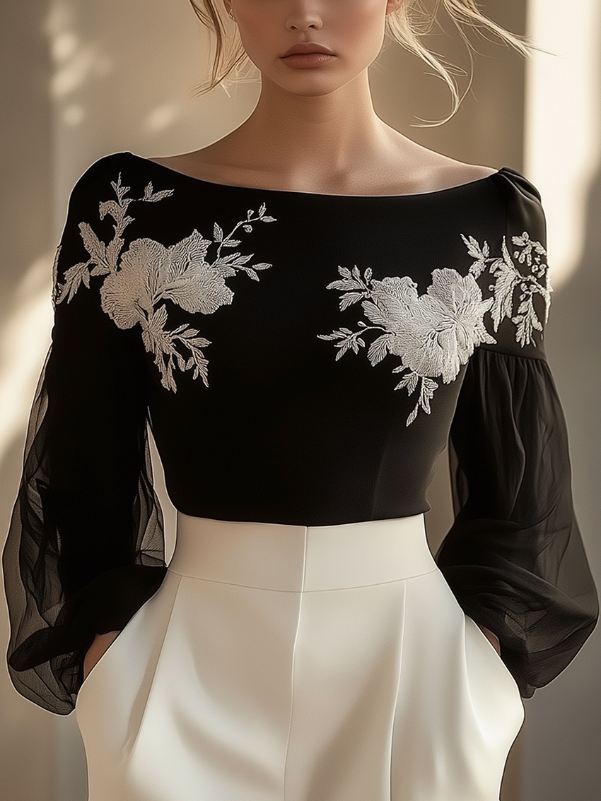 Black Round Neck Chiffon Shirt With Elegant Silvery White Flower Embroidery