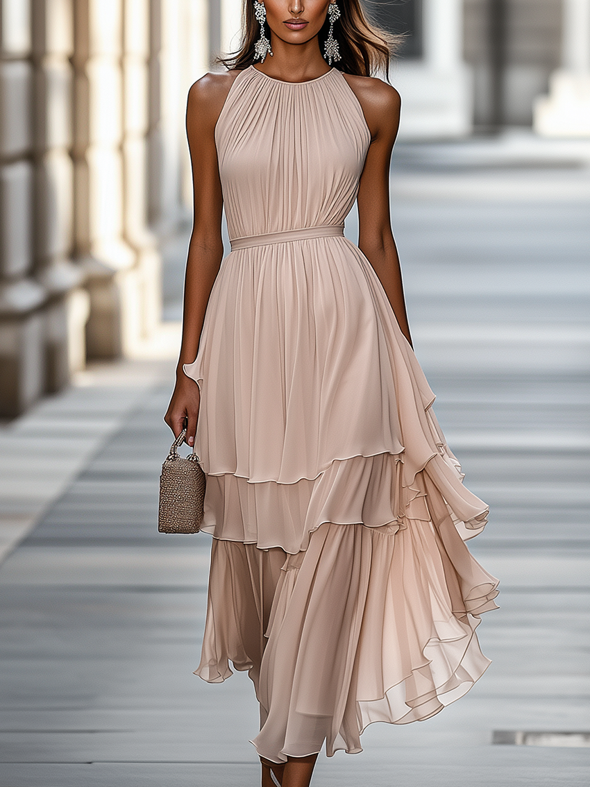 Beige Chiffon Maxi Dress With Multi-layer Frill