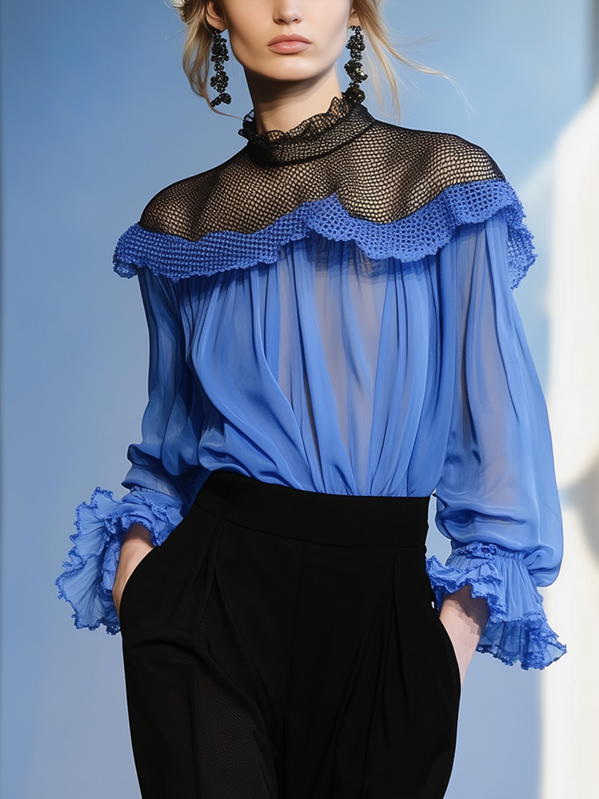 Blue Chiffon Shirt With Neckline Stitching Black Mesh