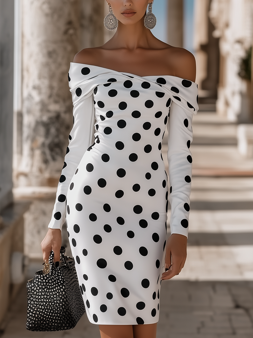 Off-shoulder White Midi Bodycon Dress With Black Polenta Print