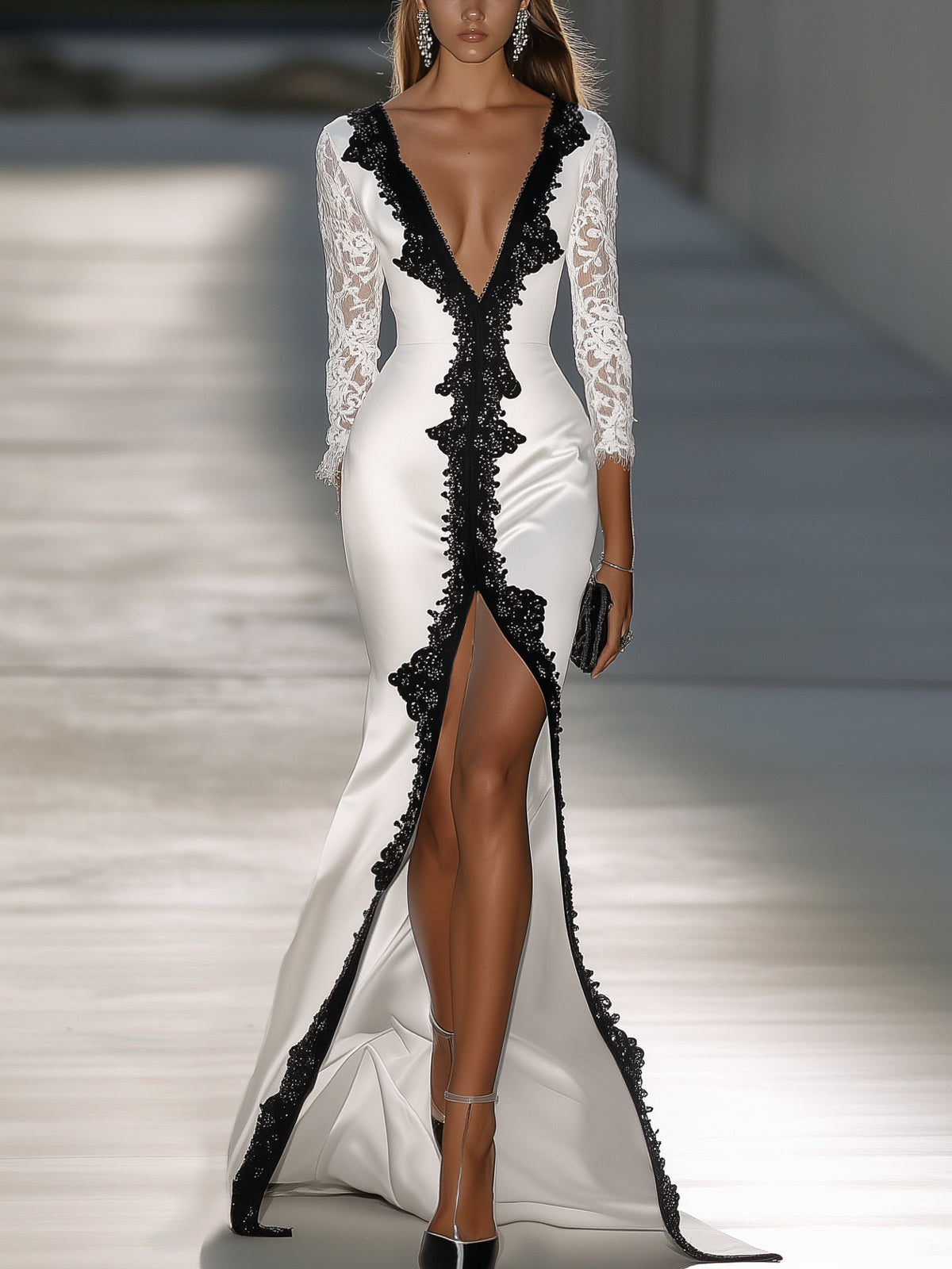 White Satin Black Appliqué Deep V-Neck Lace Sleeve Long Sleeve Maxi Dress