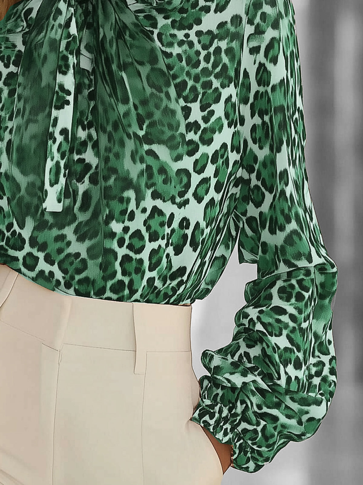 Green Leopard Print Chiffon Blouse With Tie Neck