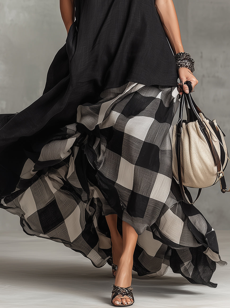 Black Sleeveless Layered Maxi Dress With Plaid Ruffle Hem
