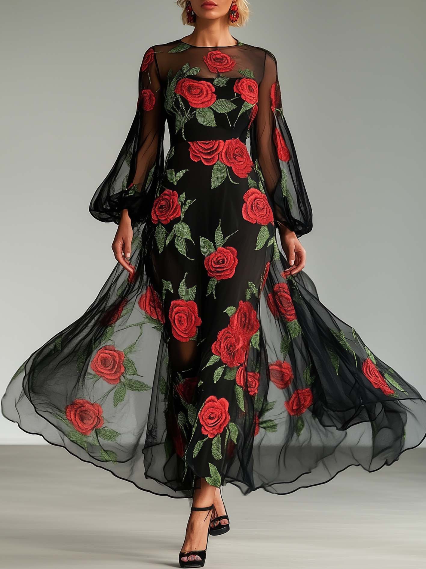 Black Tencel Chiffon Maxi Dress With Rose Print