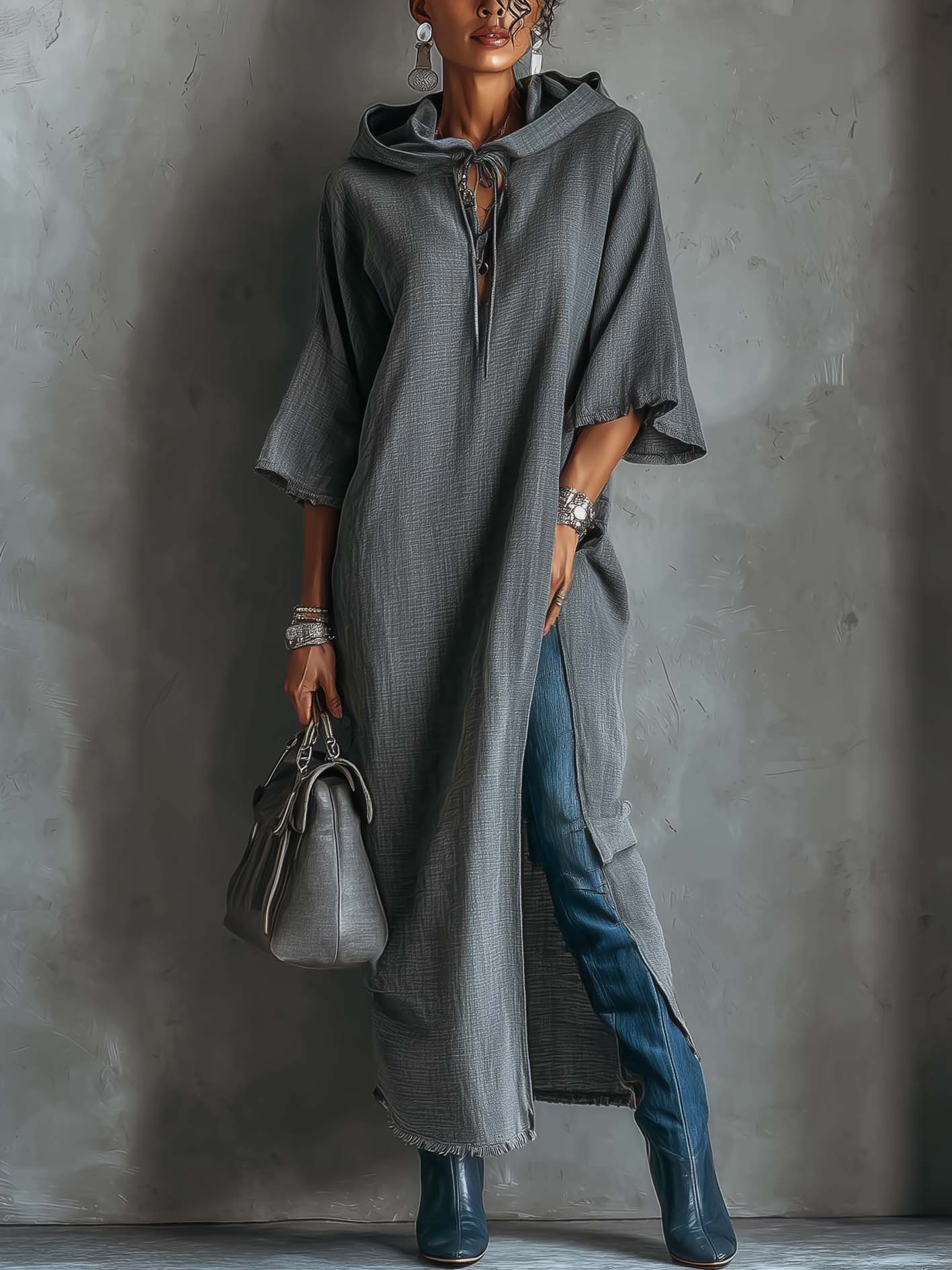 Gray Cotton Linen Hooded Maxi Dress With Side Slit
