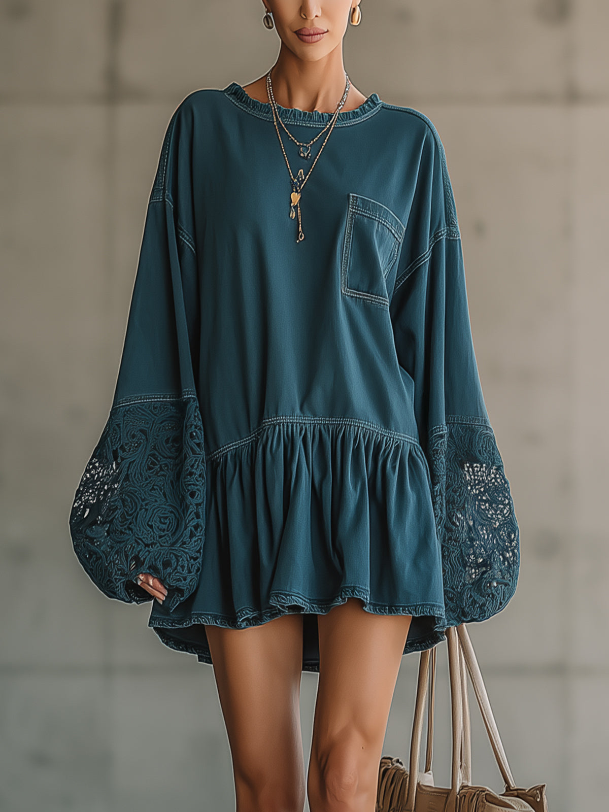 Blue Denim Lace Lantern Sleeve Ruffle Hem Mini Dress