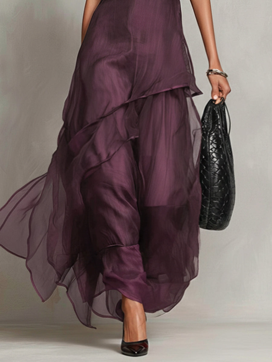 Purple Sleeveless Layered Chiffon Embroidered Maxi Dress