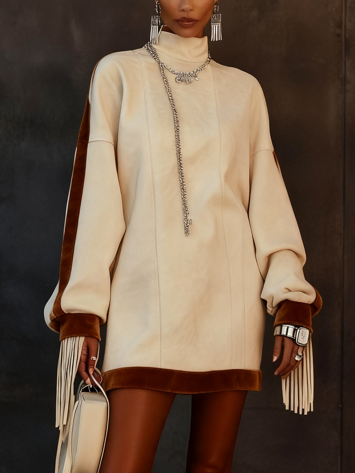 White And Brown Faux Suede Fringe Trim Sweater Dress
