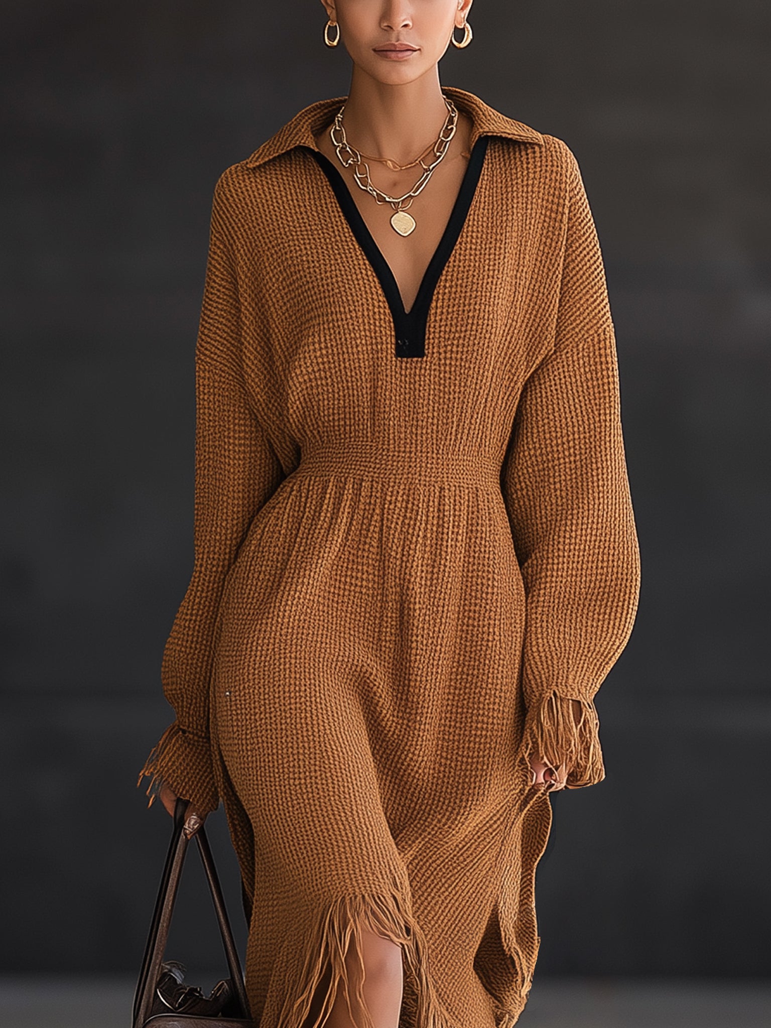 Caramel Waffle Knit Fringe Long Sleeve Midi Dress