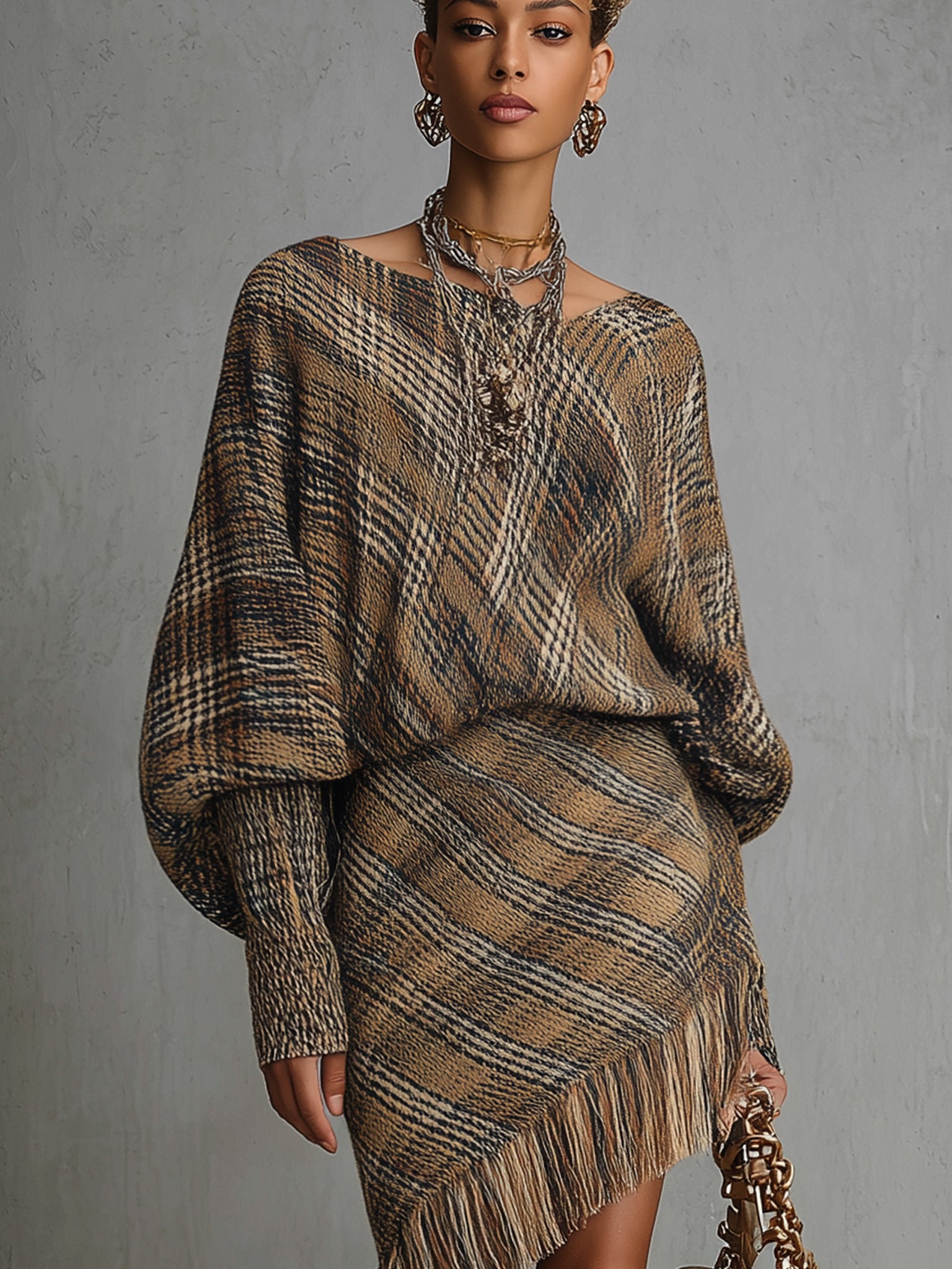 Brown Plaid Fringe Knit Long Sleeve Mini Dress