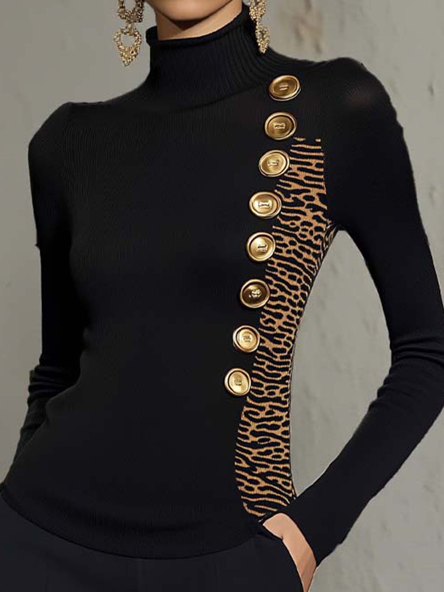 Black Knitted T-shirt With Leopard Print And Gold Buttons