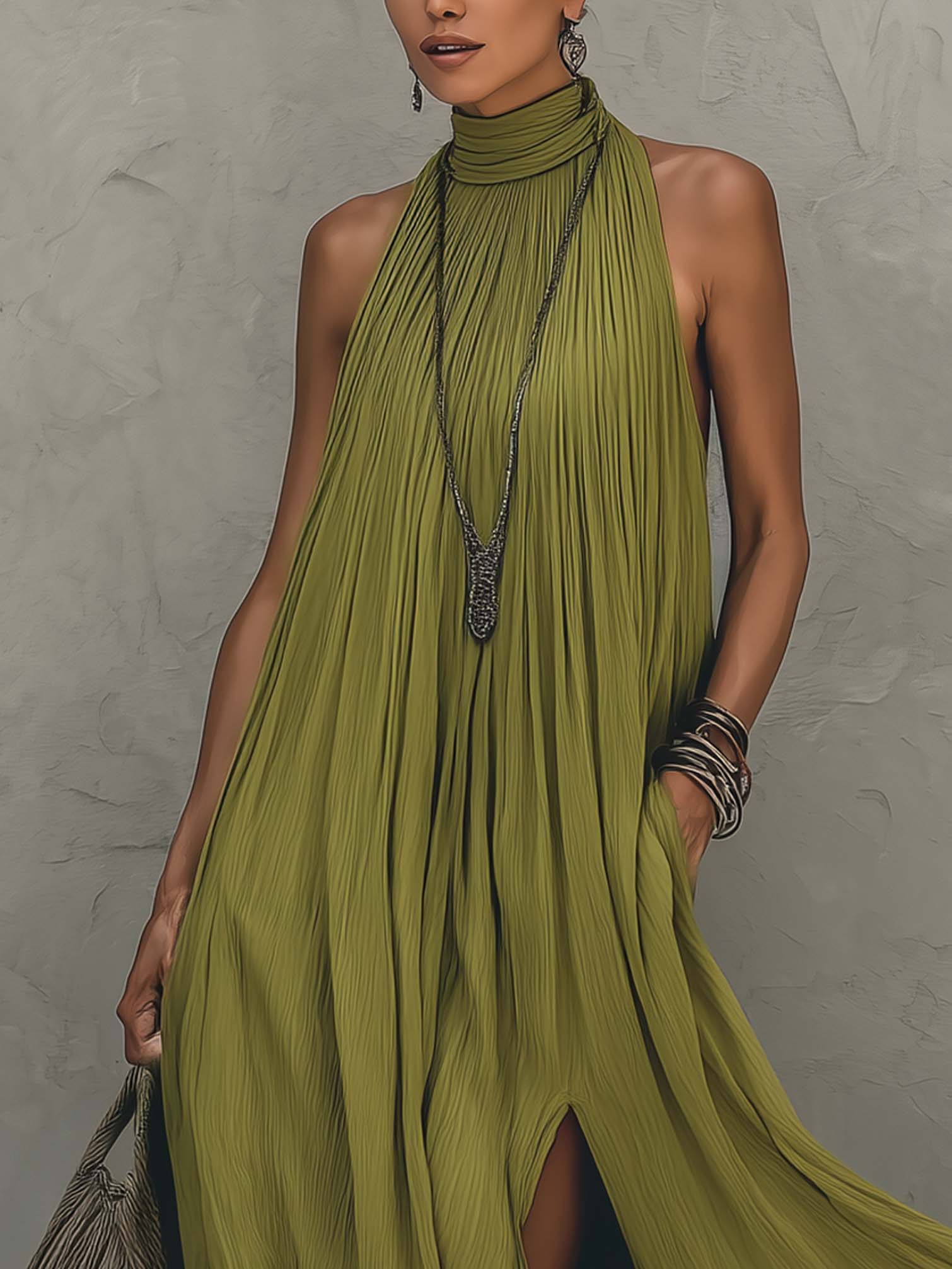 Olive Green Sleeveless Side Slit Pleated Chiffon Maxi Dress
