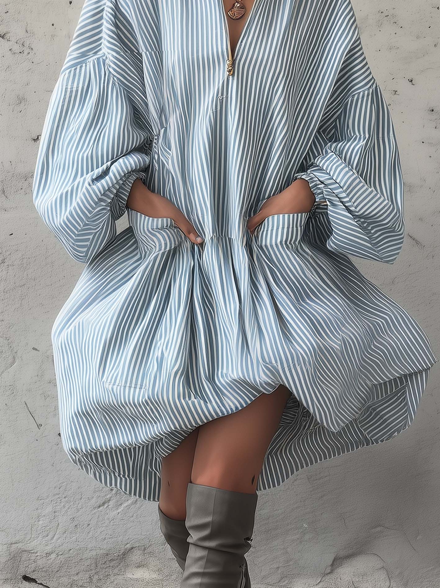 Blue Striped Puff Hem Mini Zip-Up Shirt Dress