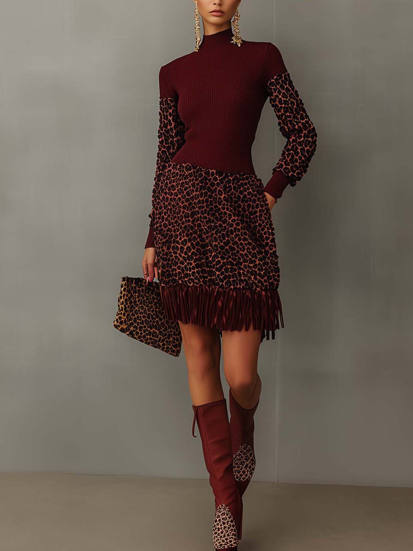Burgundy Knitted Midi Dress With Leopard Print And Tassels