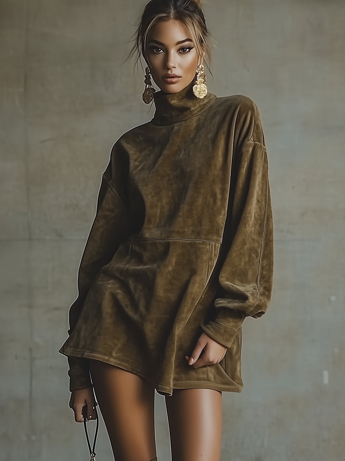 Olive Faux Suede Turtleneck Mini Dress