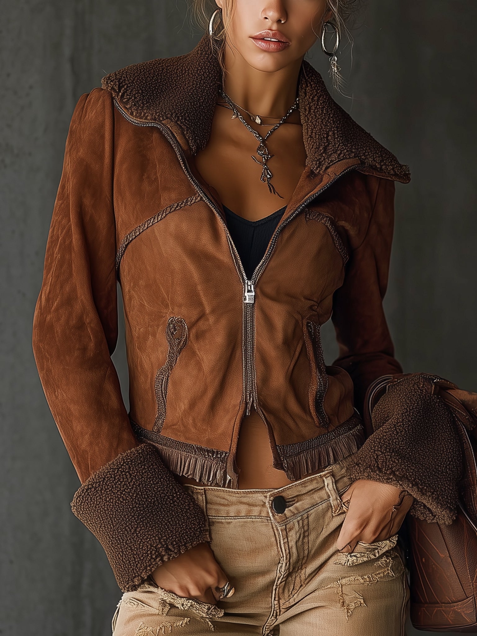 Vintage Brown Suede Grained Fur Collar Jacket
