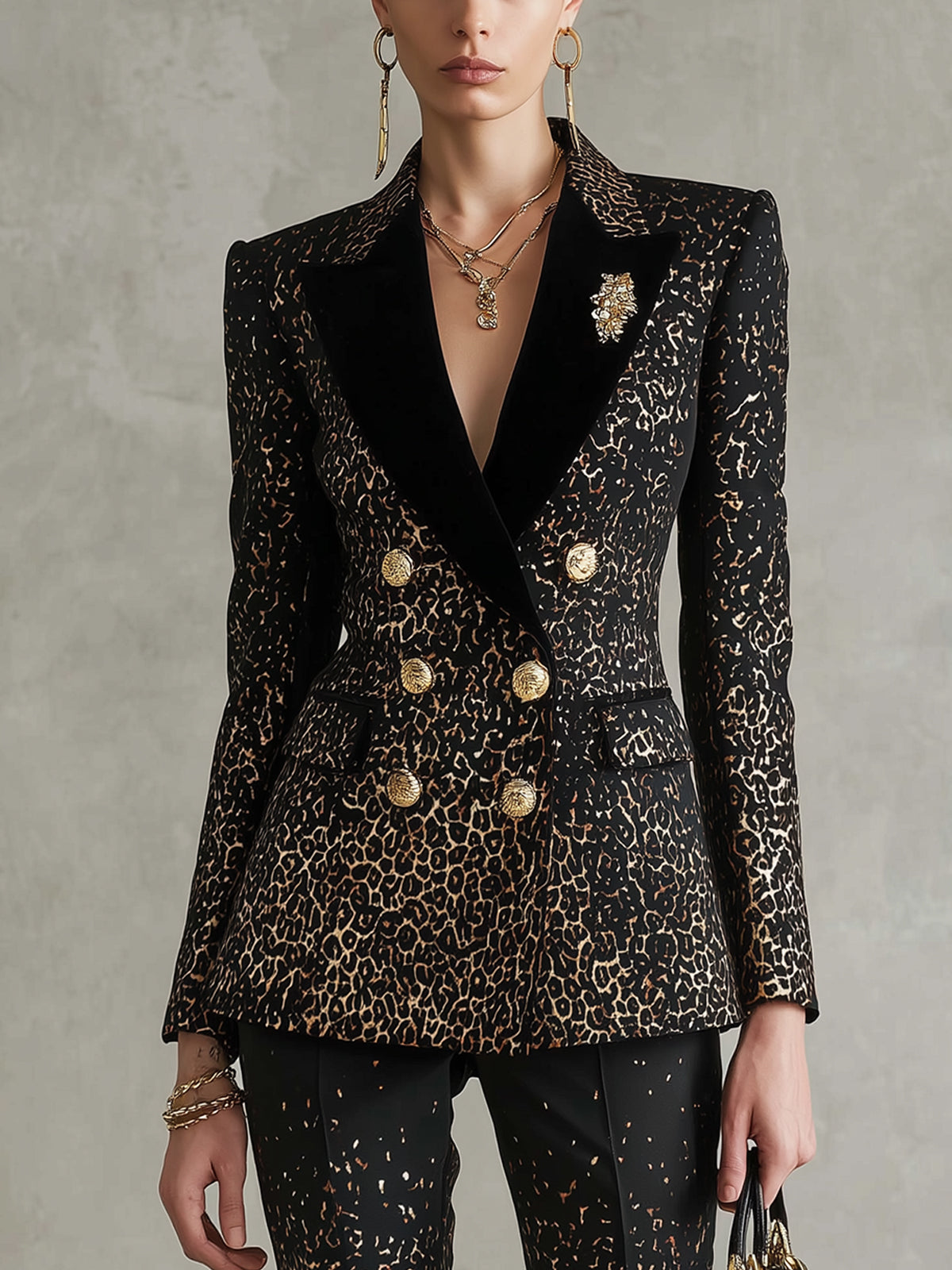 Black And Gold Leopard Print Double Breasted Blazer With Brooch