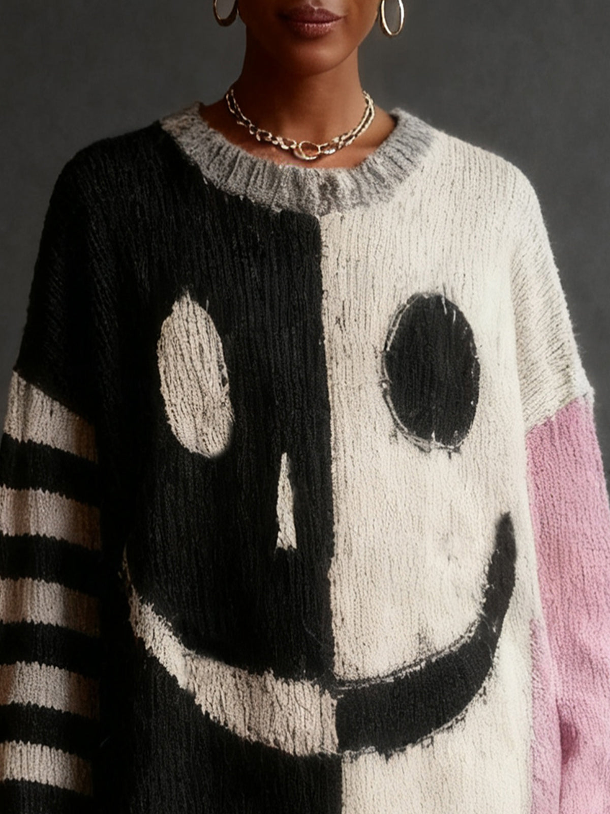 Colorblock Smiley Face Knit Sweater Dress
