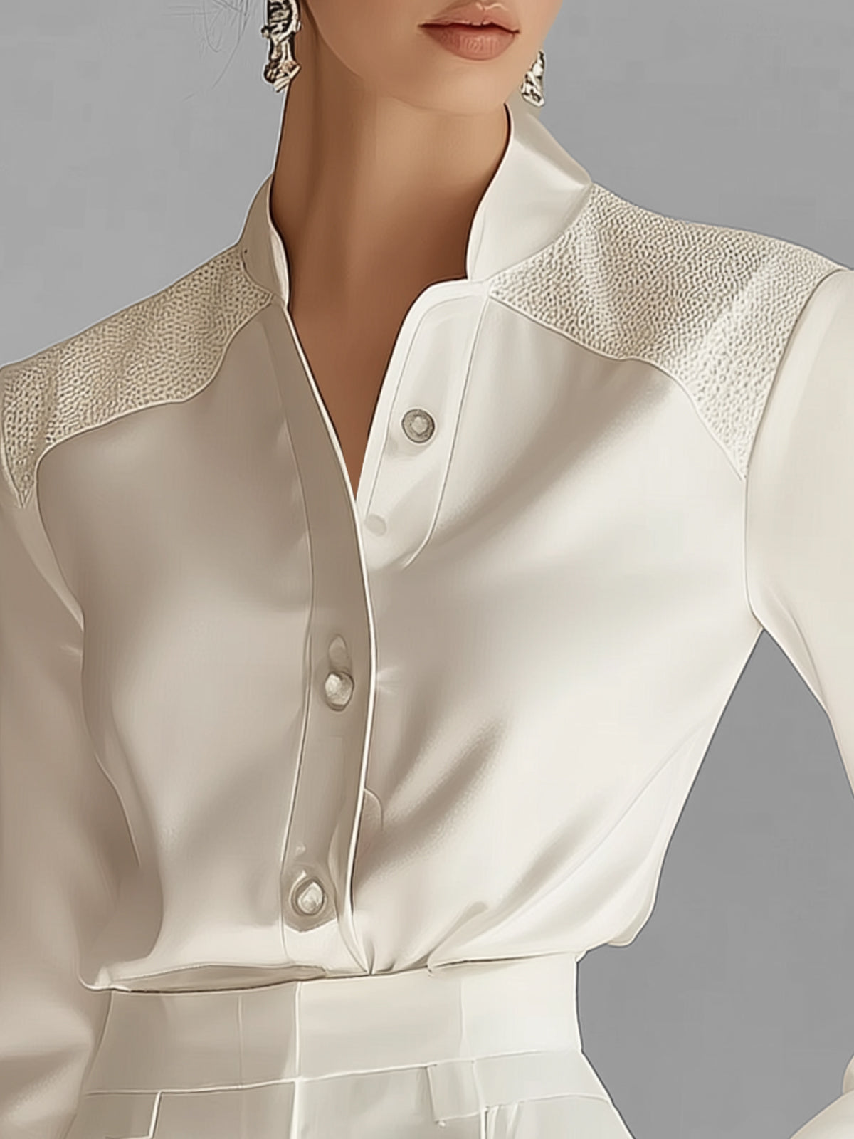 White Satin Blouse With Textured Shoulder Panels