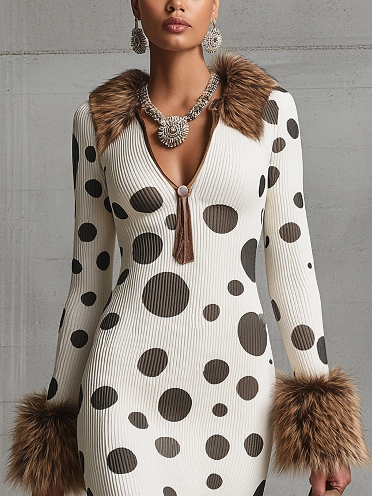 Ivory Ribbed Polka Dot Faux Fur Collar V-Neck Long Sleeve Maxi Dress