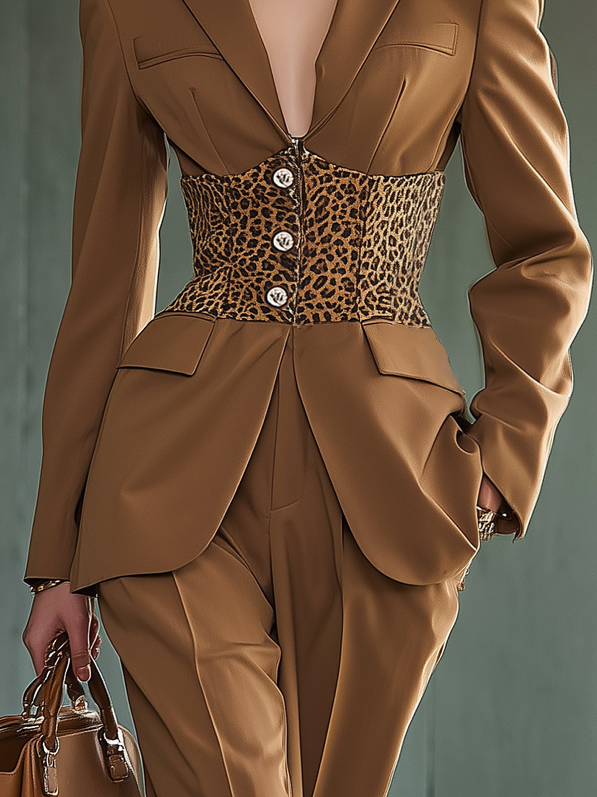 Camel Leopard Print Banded Waist Slim Fit Blazer