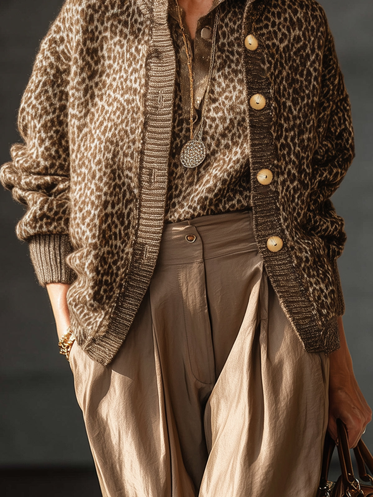 Chocolate Leopard Print Knit Lapel Button Down Cardigan