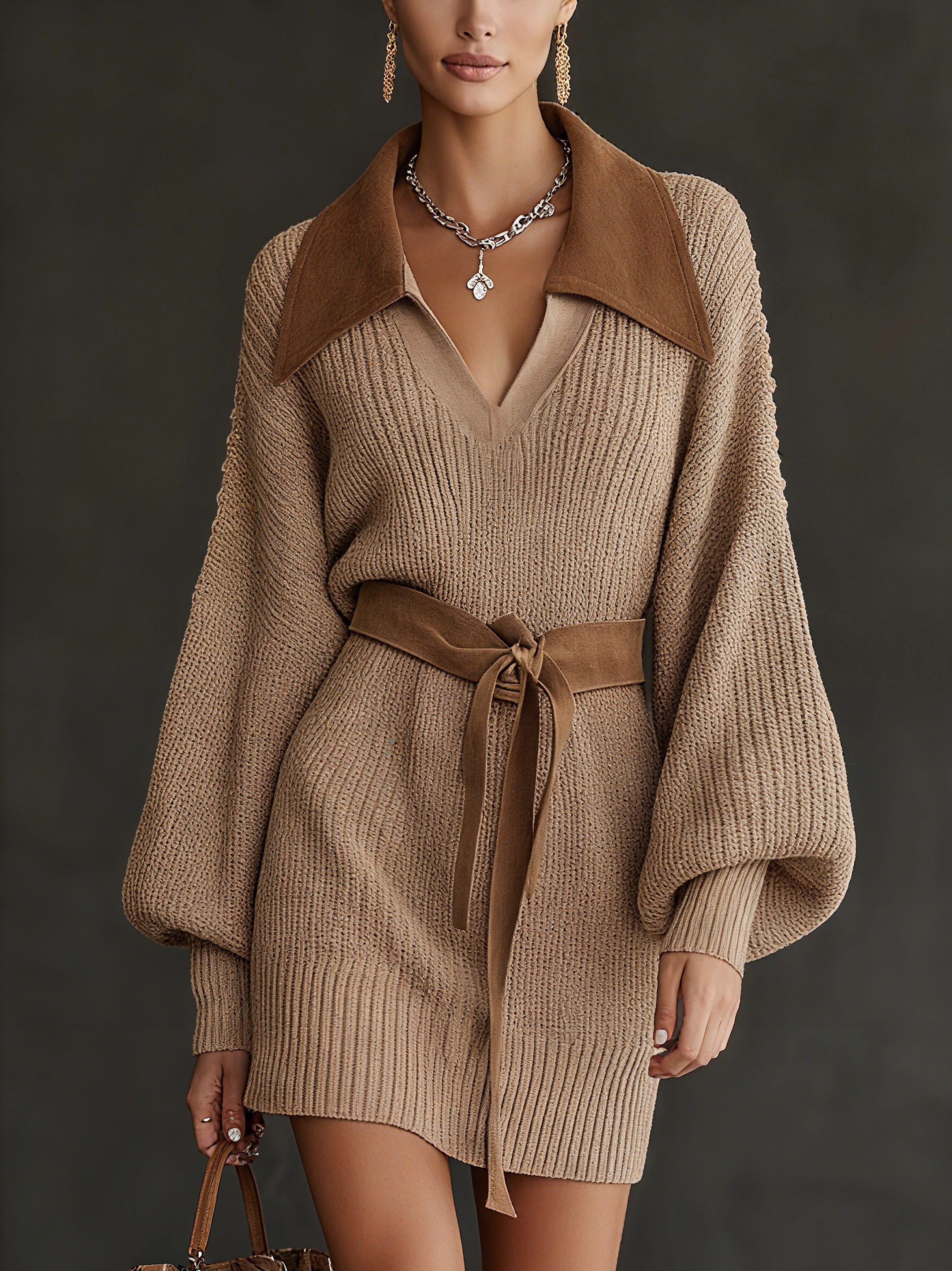 Camel Knit Long Sleeve Mini Dress With Suede Collar