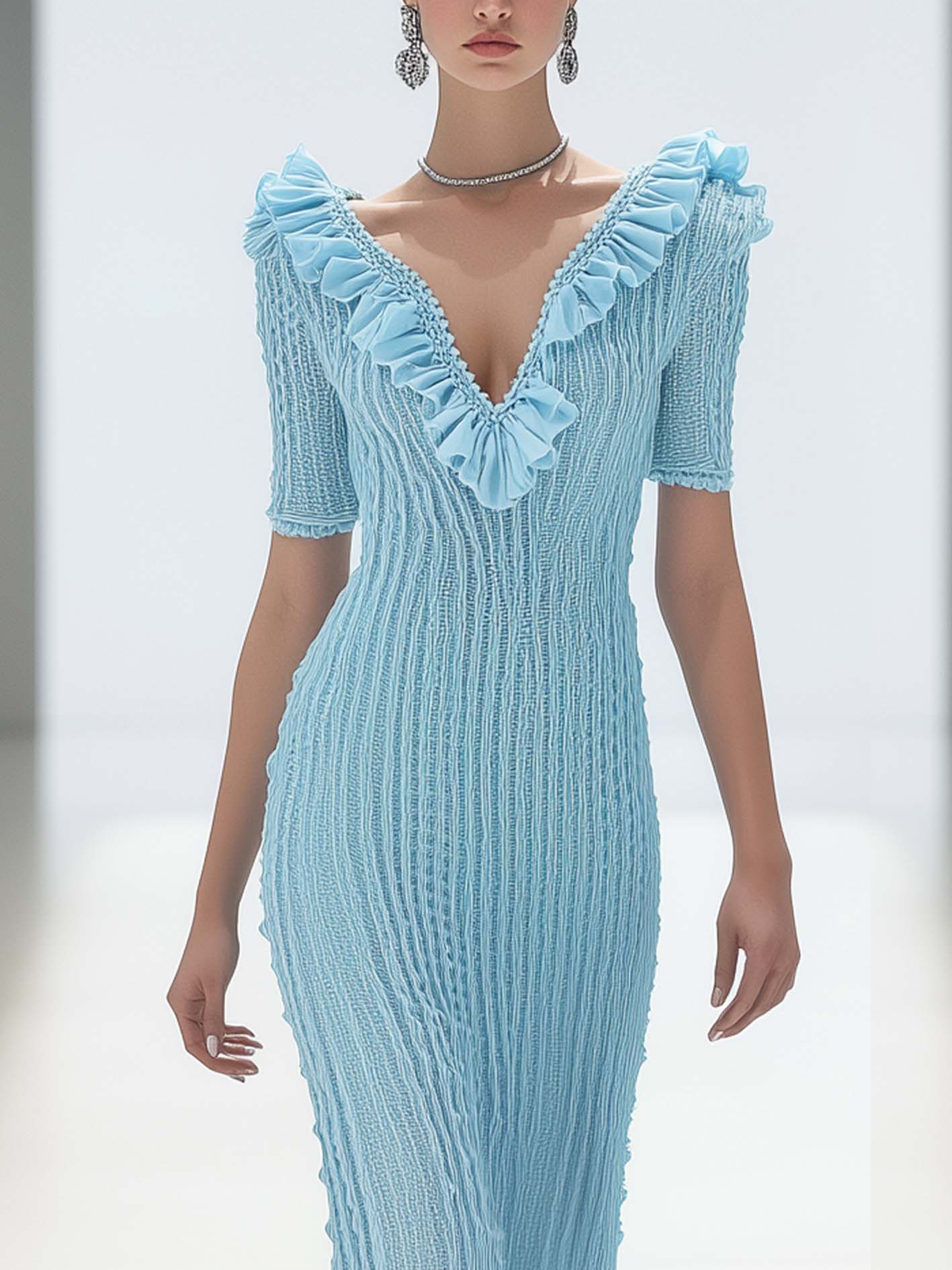 Light Blue Knit Maxi Bodycon Dress With Ruffle Trim