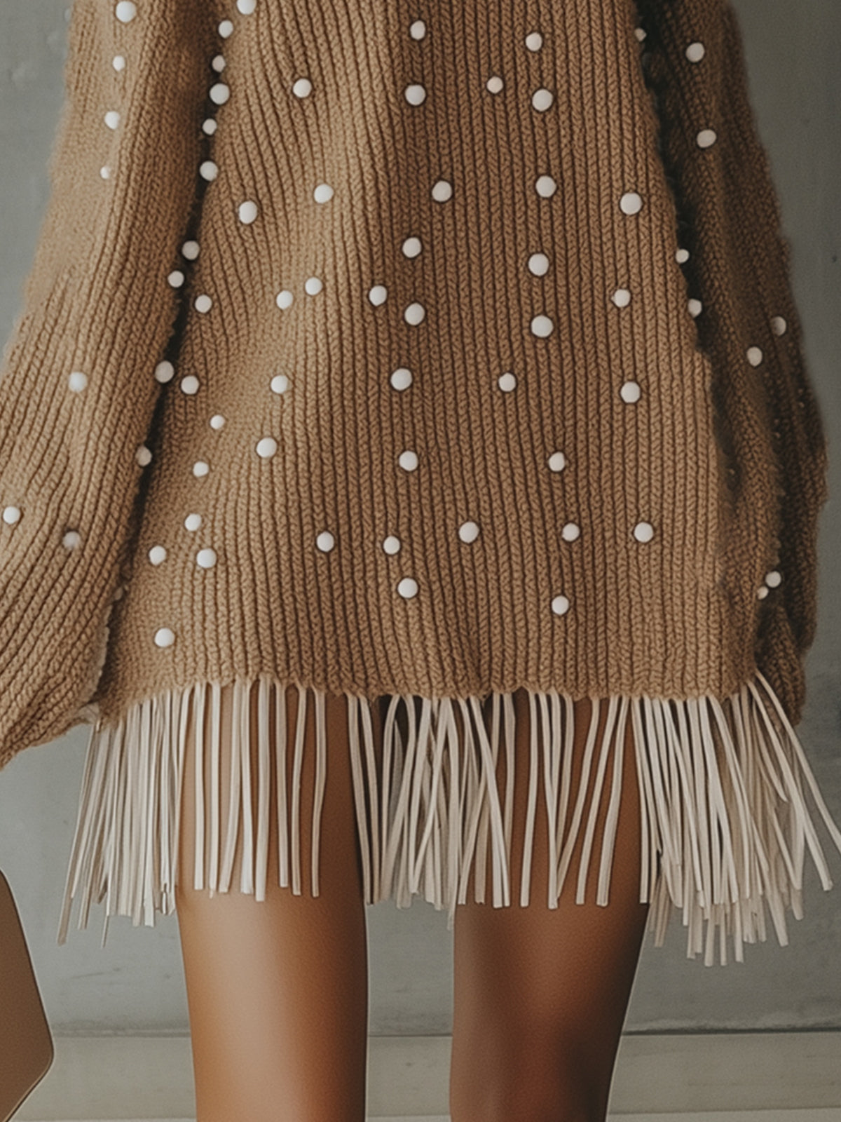 Brown Beaded Fringed Hem Knit Mini Dress