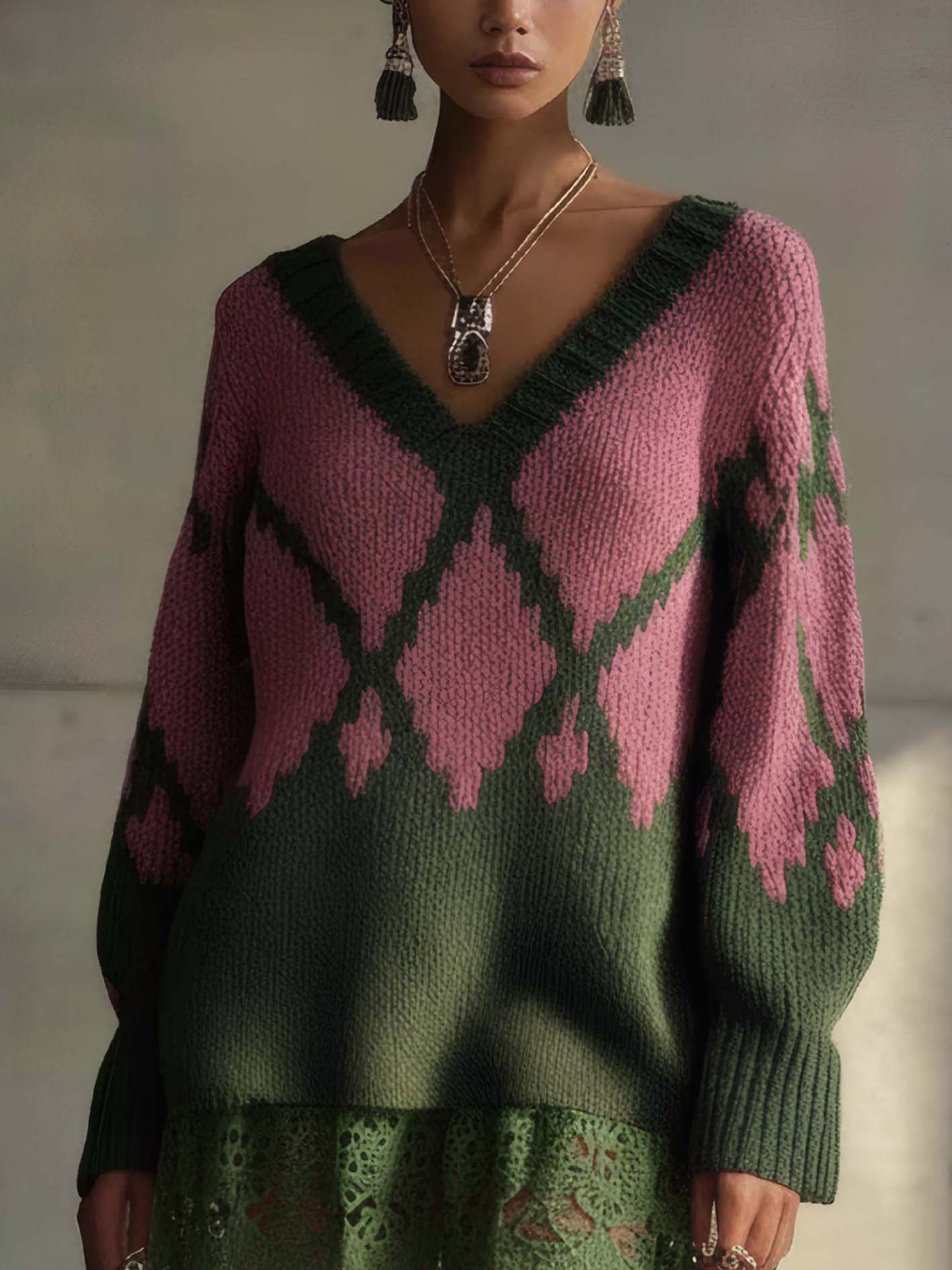 Green Knitted Mini Dress With Pink Diamond Pattern