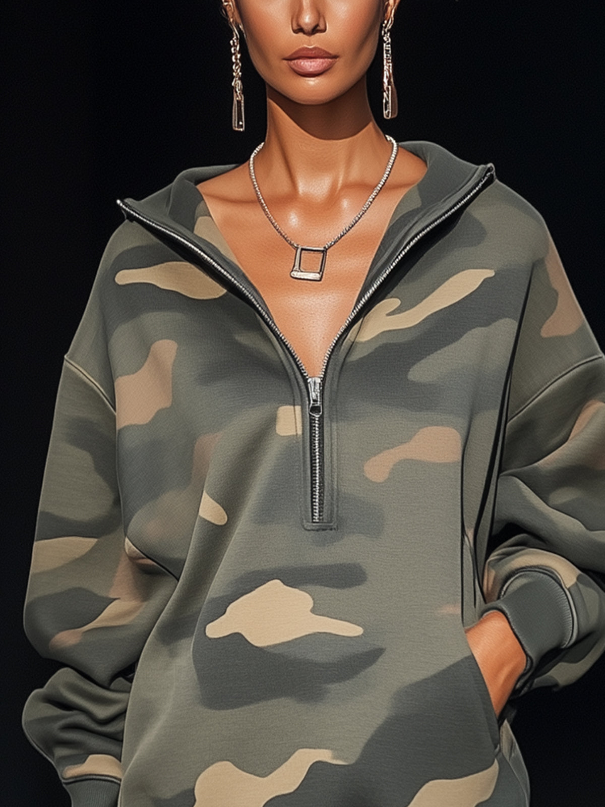 Camouflage Print Sweatshirt Dress With Fringe Hem