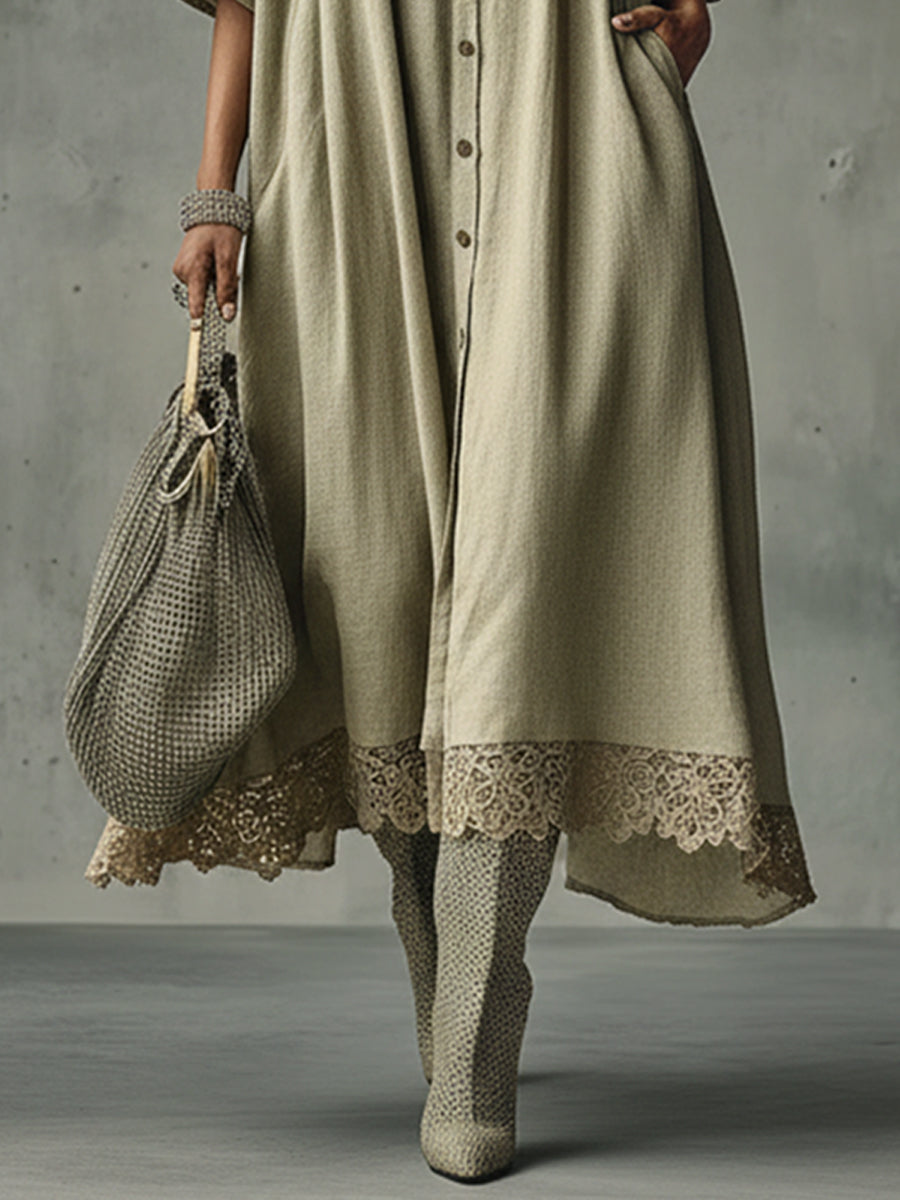 Sage Green Cotton Linen Pleated Lace Maxi Dress