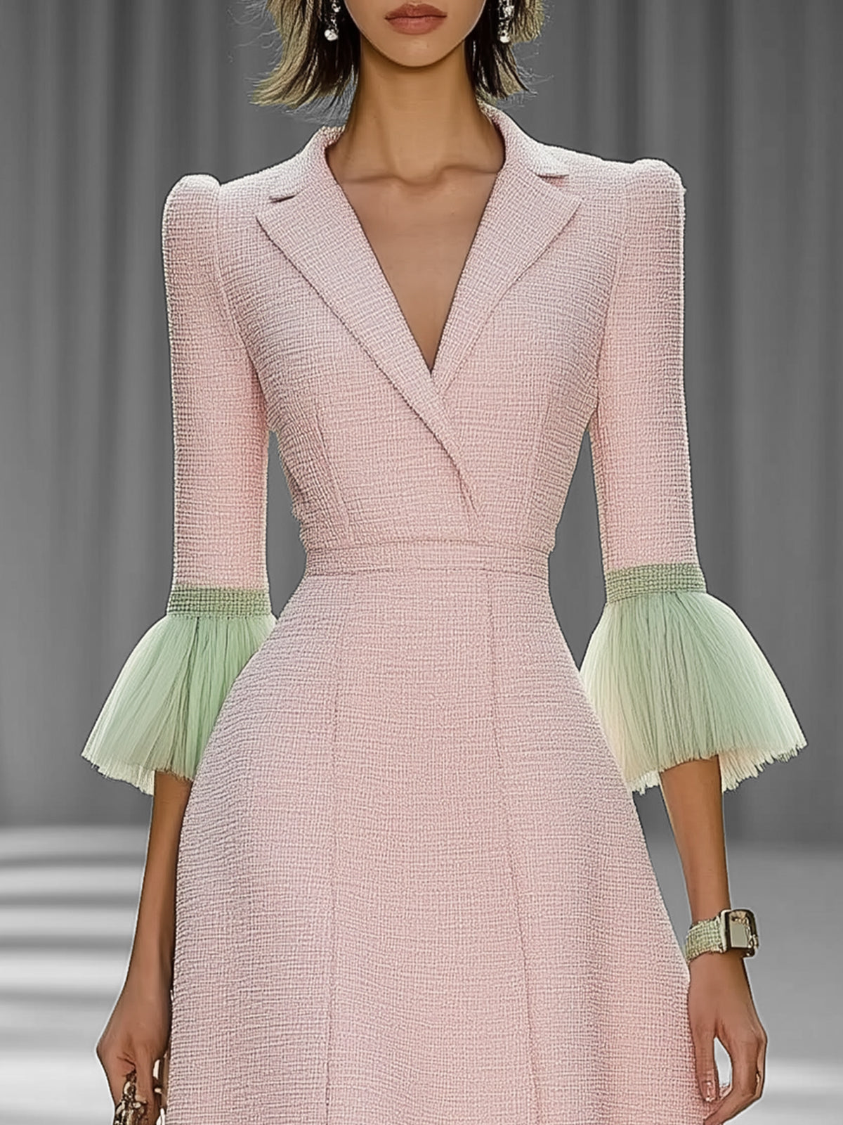 Pink Tweed Dress With Green Tulle Bell Sleeves