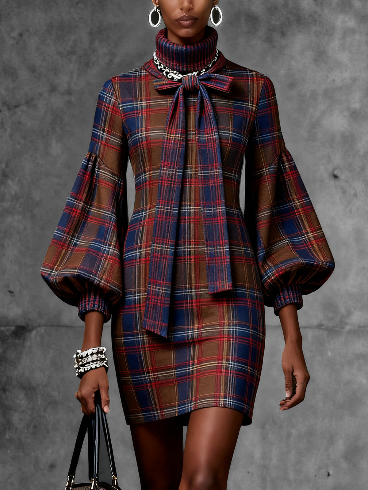 Plaid Puff Sleeve Dress With Bow Tie Neck