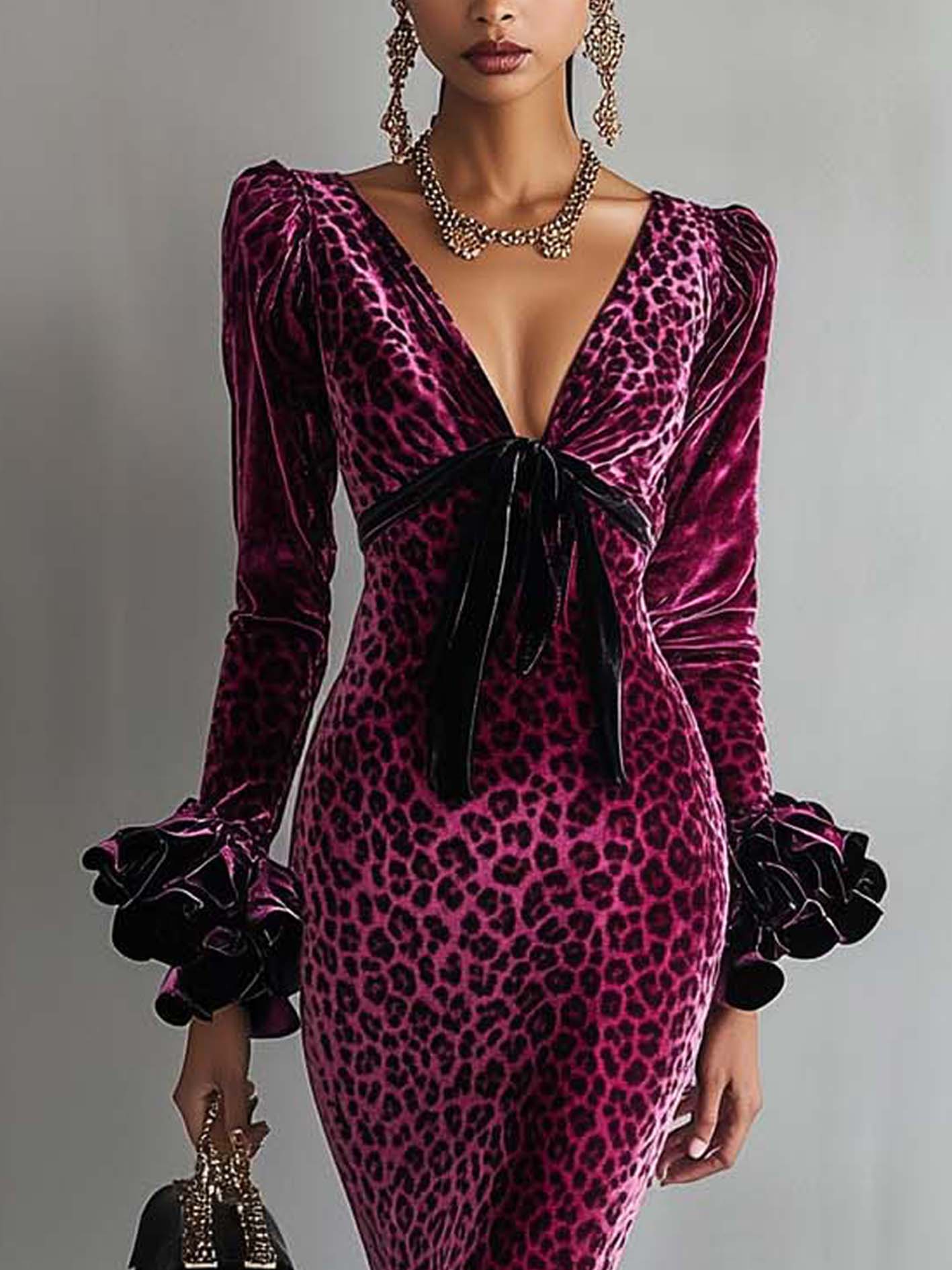 Pink Velvet Bodycon Dress With Leopard Print And Ruffles