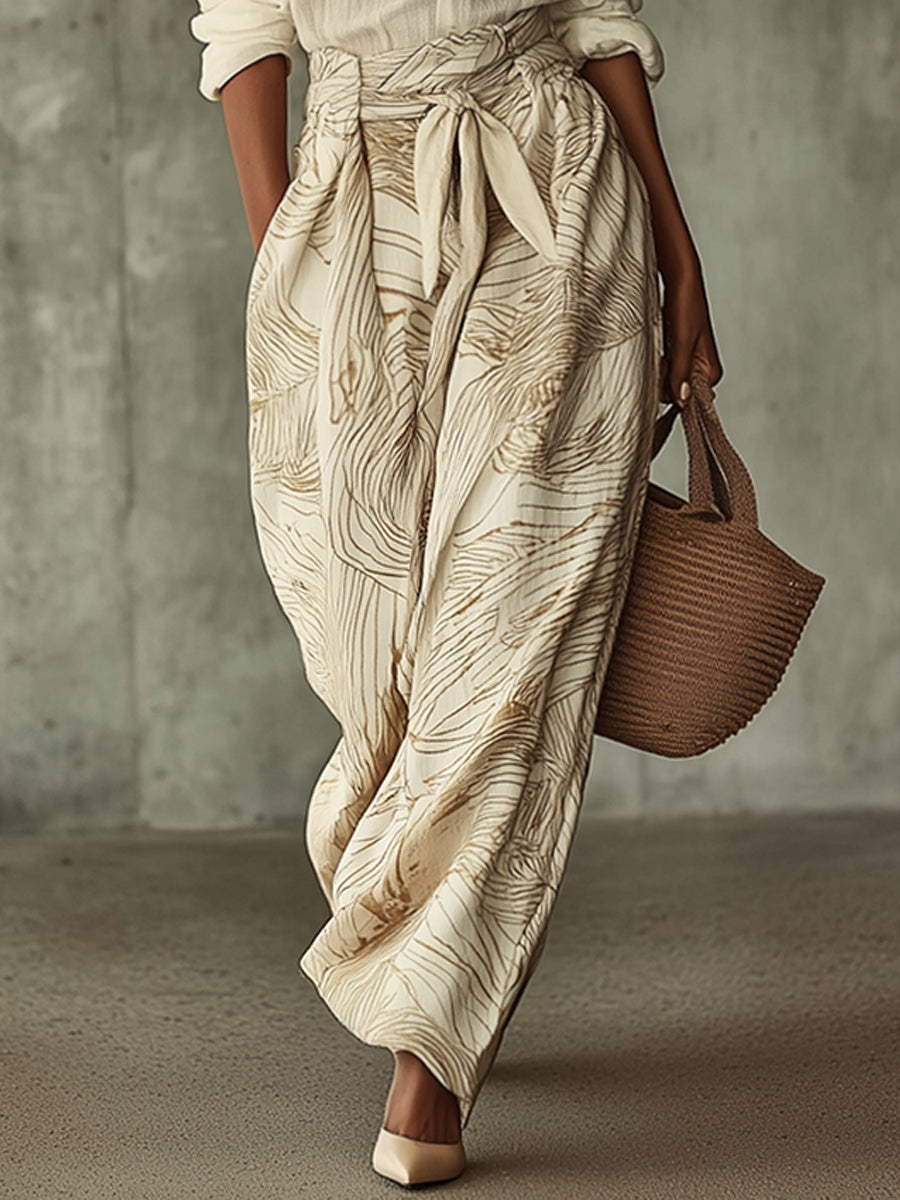 Ivory Linen Blend Shirt And Printed Wide Leg Pants Set