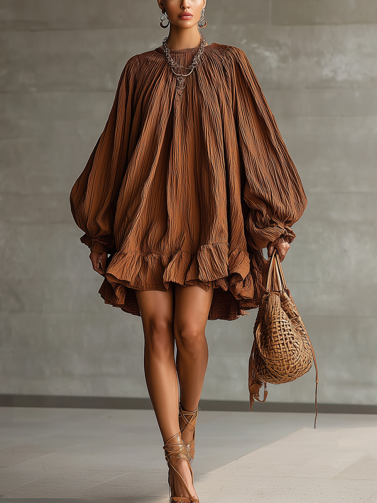 Brown Crinkled Mini Dress With Voluminous Sleeves