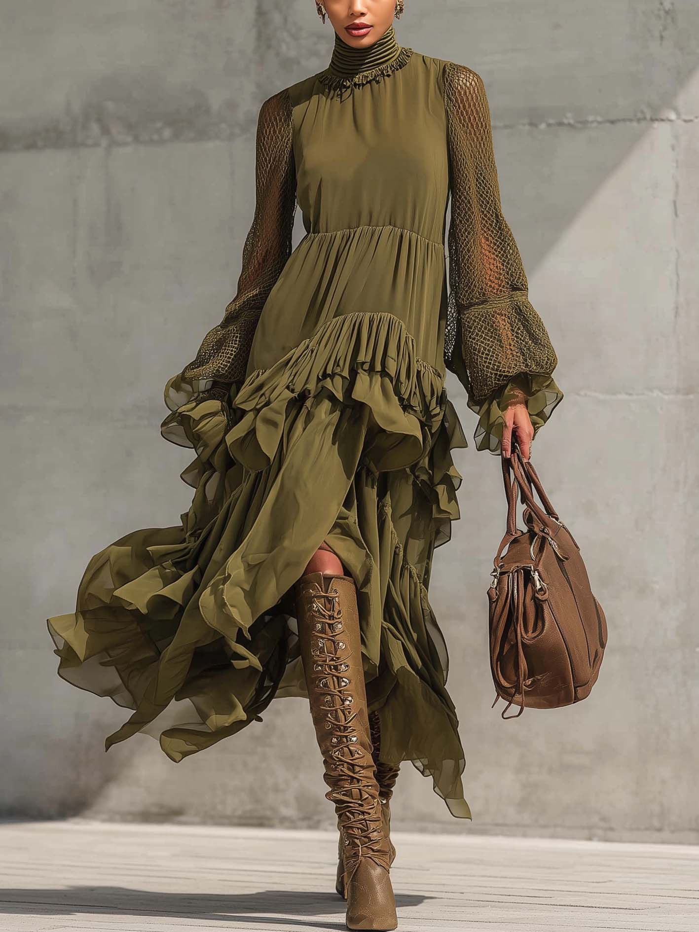 Olive Green Chiffon Mesh Sleeve Ruffled Asymmetrical Hem Midi Dress